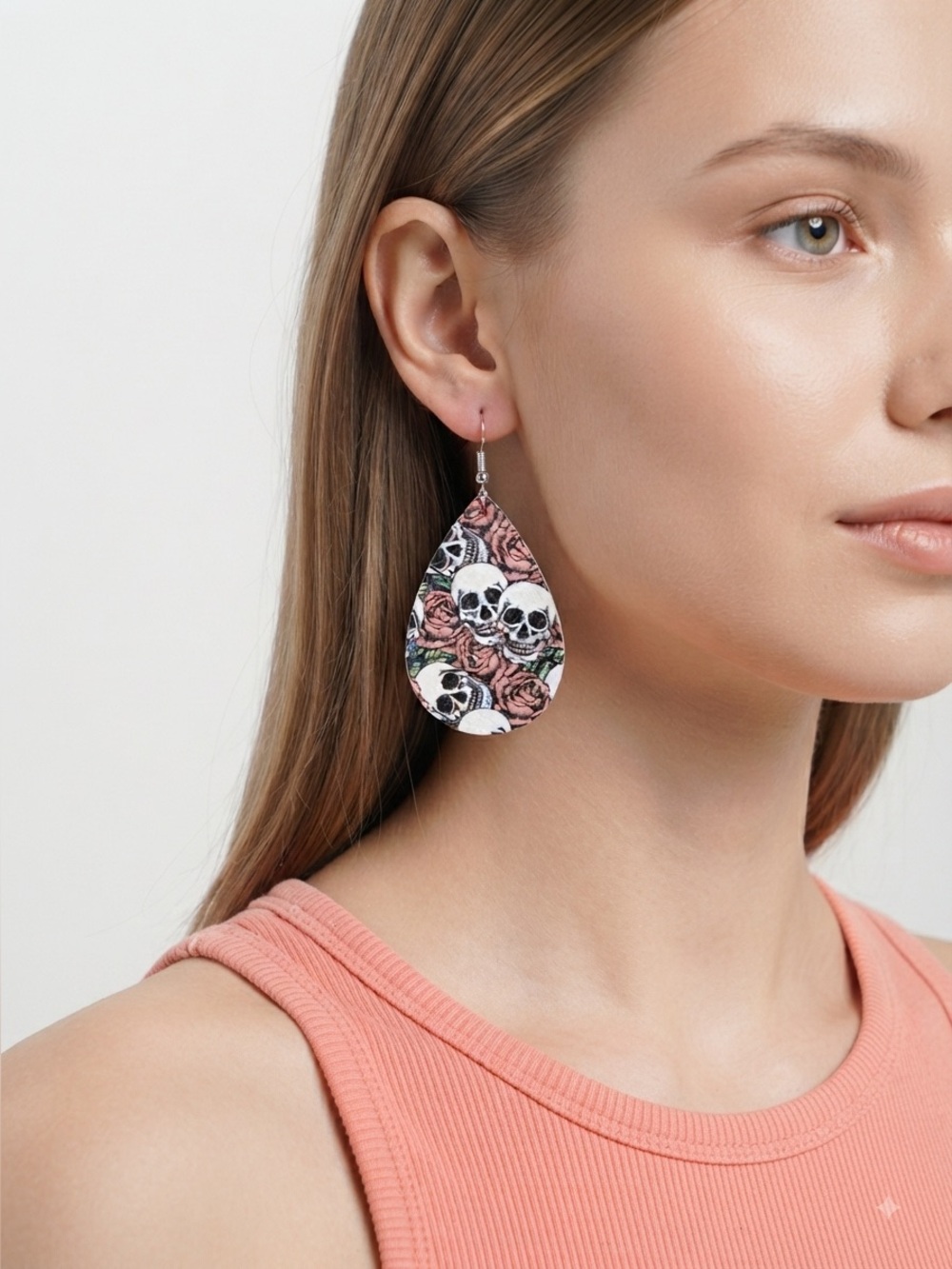 Skull & Roses Teardrop Earrings | Faux Leather Gothic Fishhook Dangle Earrings